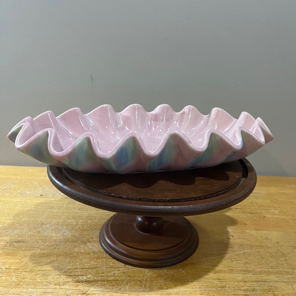 Vtg Royal Haeger R309 Pink Blue Ruffled Console Bowl MCM Art Pottery Centerpiece